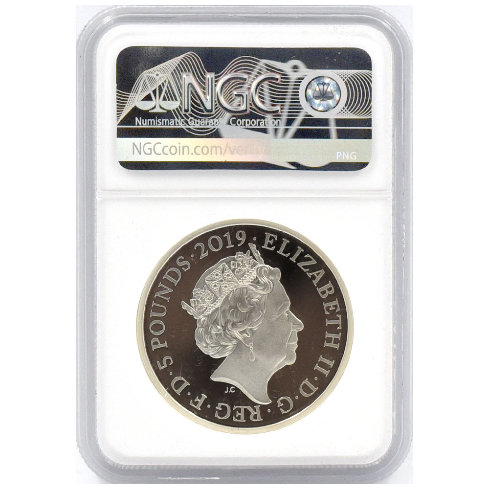 イギリス 2019 エリザベス2世 5ポンド ピエフォー銀貨 NGC PF 70