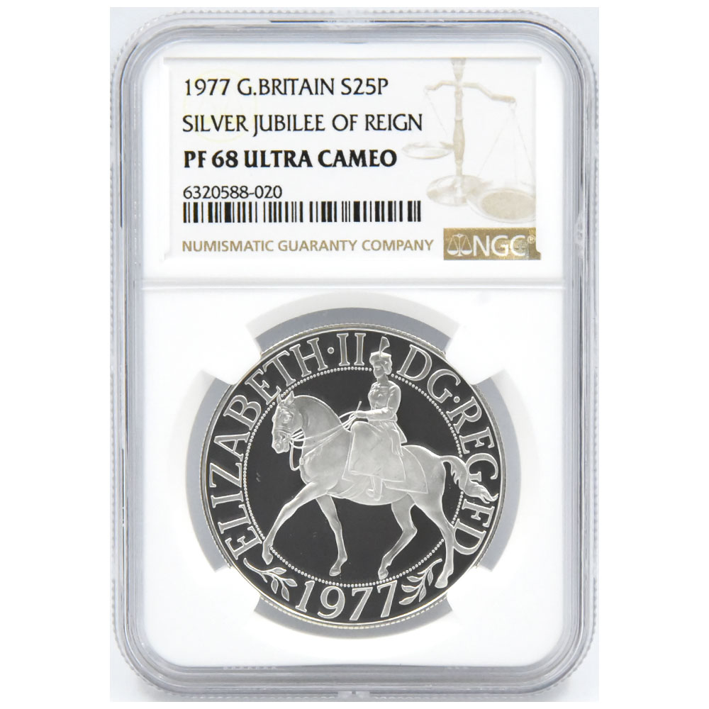 イギリス 1977 エリザベス2世 25ペンス 銀貨 NGC PF68UC 即位25周年