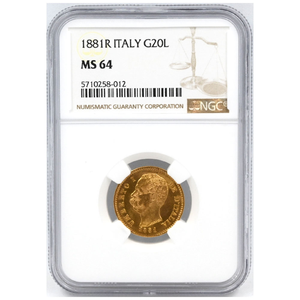 イタリア 1881R ウンベルト1世 20リラ 金貨 NGC MS64 5710258012