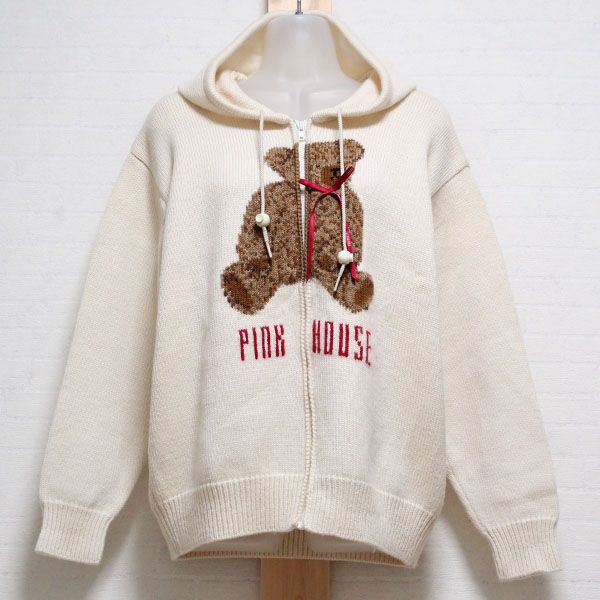 生成フード付き籠くま柄編み込みニットカーディガン - ピンクハウス