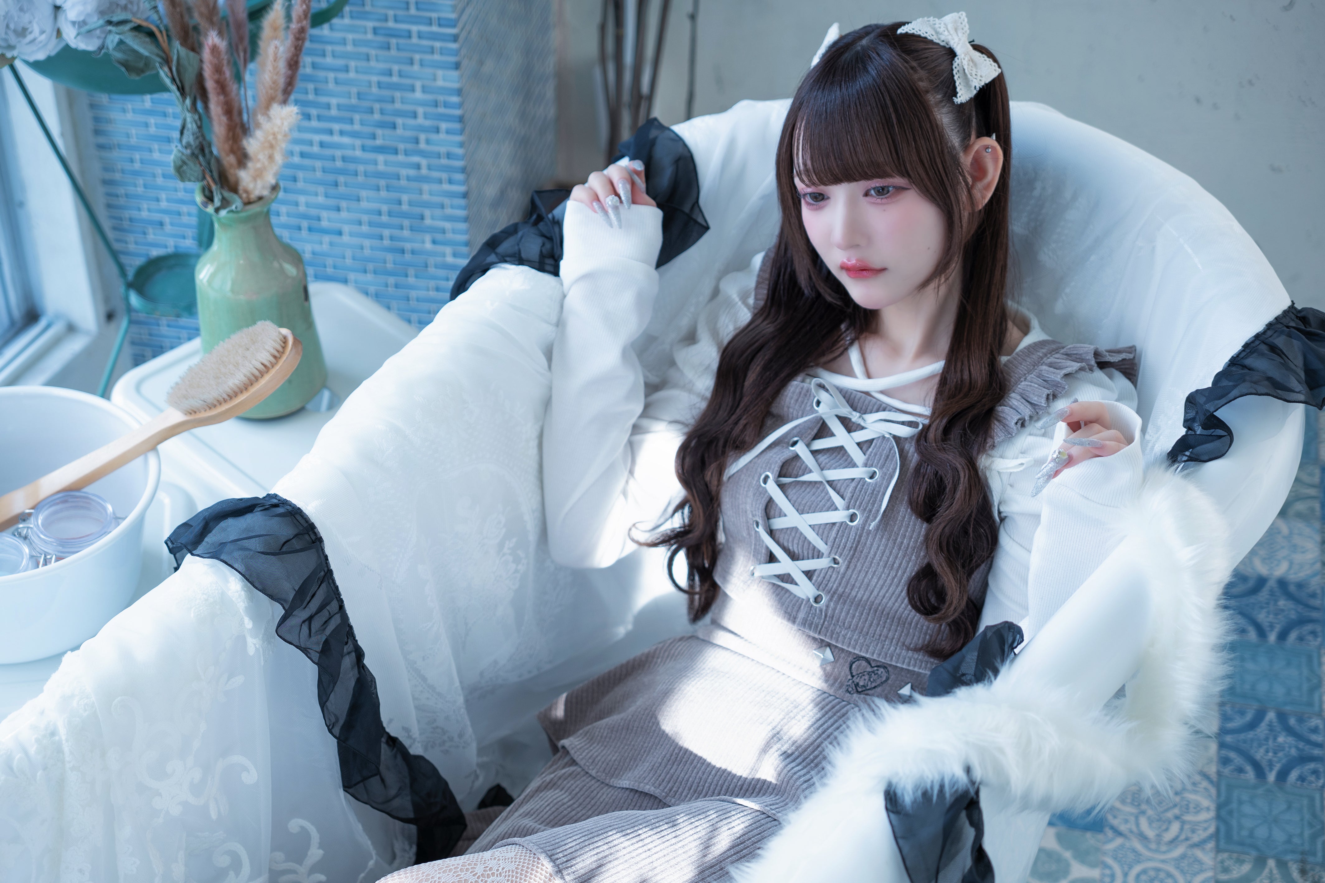 frill knit setup brown