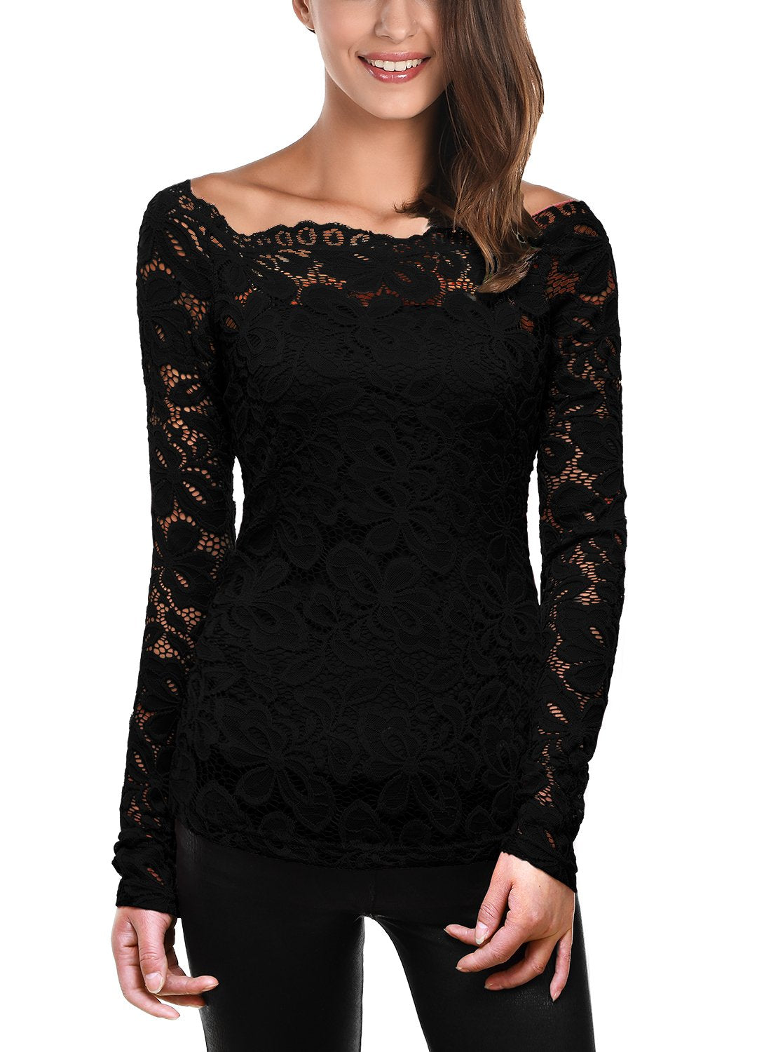 DJT Boat Neck Floral Lace Raglan Long Sleeve Womens Shirt Tops