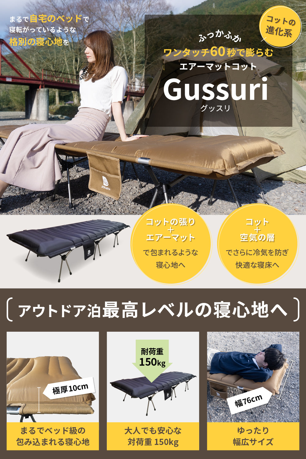 キャンプ泊に沼るエアーコットマットGussuri【注文後2〜4営業日以内に