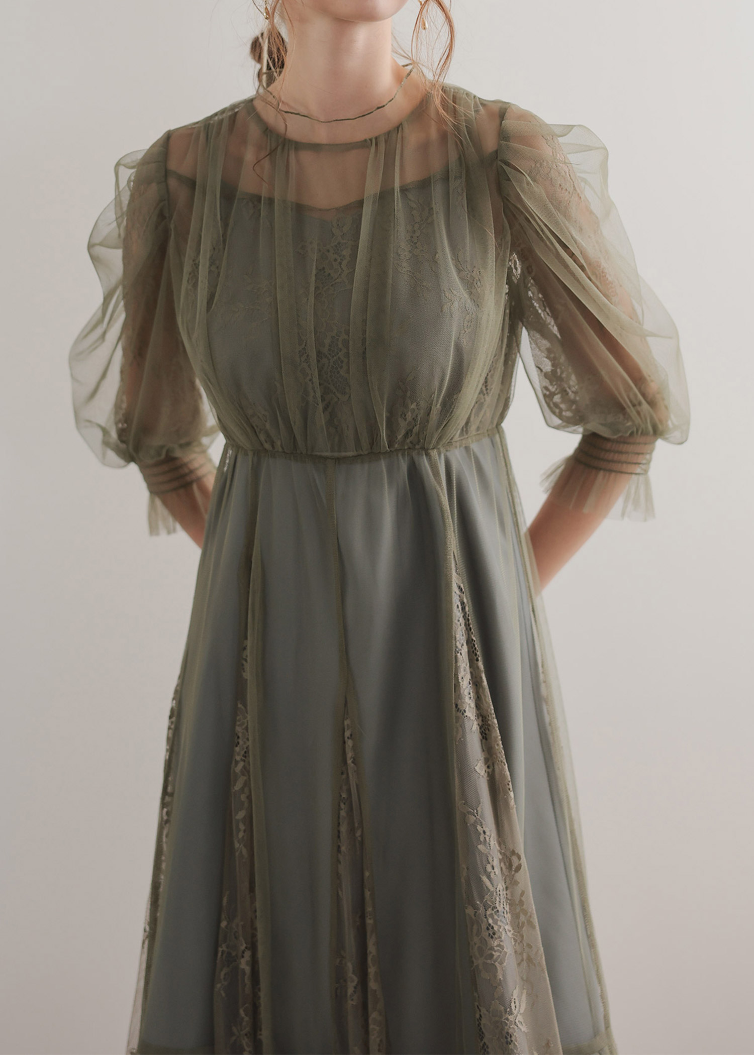 ロージービスチェワンピース イエローグリーン プリントジョーゼット