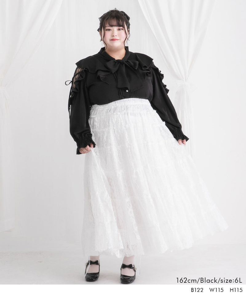 ショルダーレースフリルリボンブラウス【大きいサイズ有