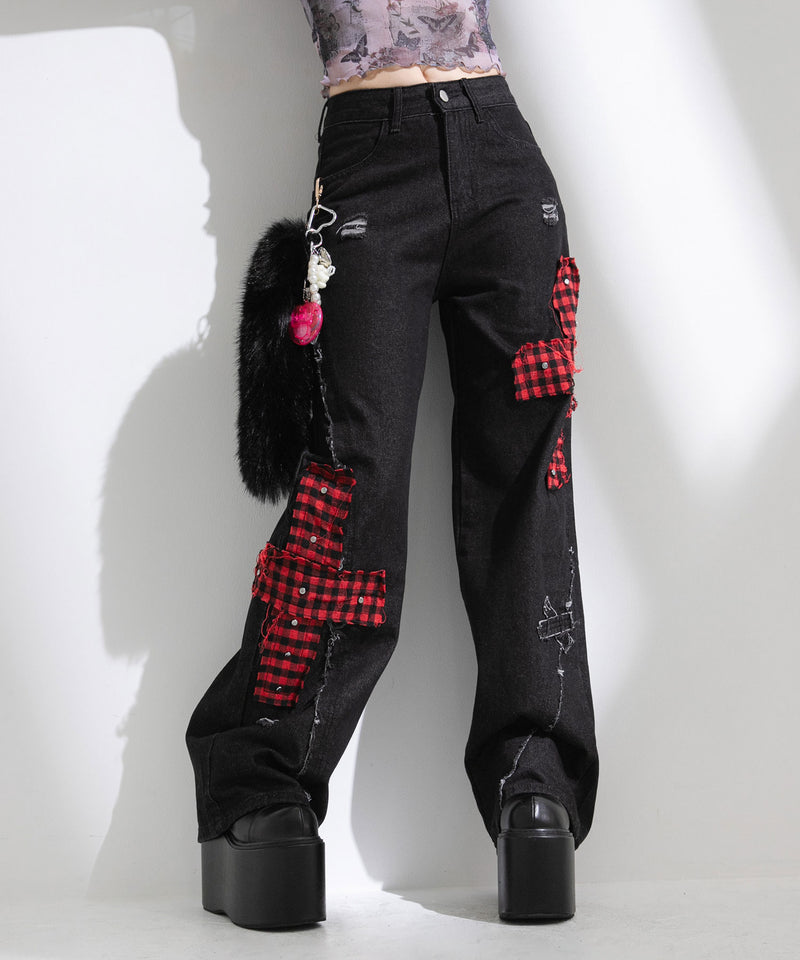 クロスチェックルーズワイドデニムパンツ【大きいサイズ有