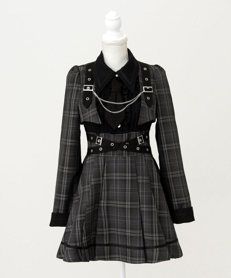 ジャケット風チェーンネクタイベルトプリーツワンピース – レディース