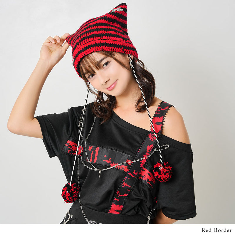 2buy20%OFFクーポン対象】ポンポン付ねこ耳ボーダー編ニット帽