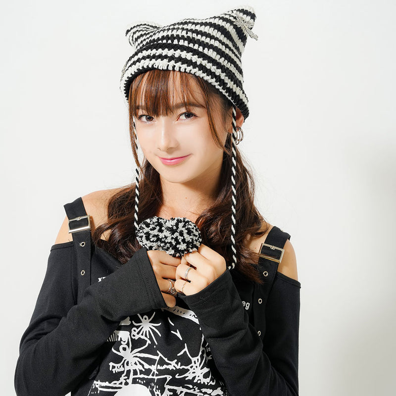 2buy20%OFFクーポン対象】ポンポン付ねこ耳ボーダー編ニット帽