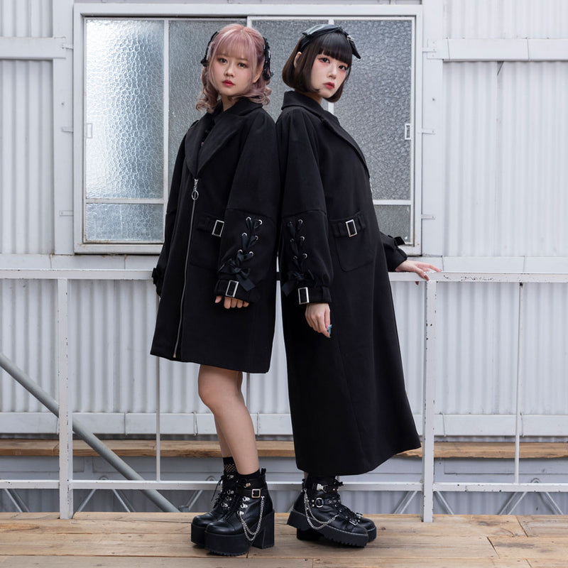 フロントジップレースアップチェスターコート – レディース