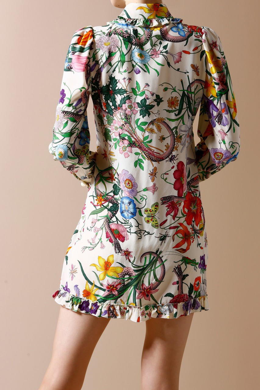 GUCCI シルクボタニカルプリントシャツミニワンピース｜ハイブランドの