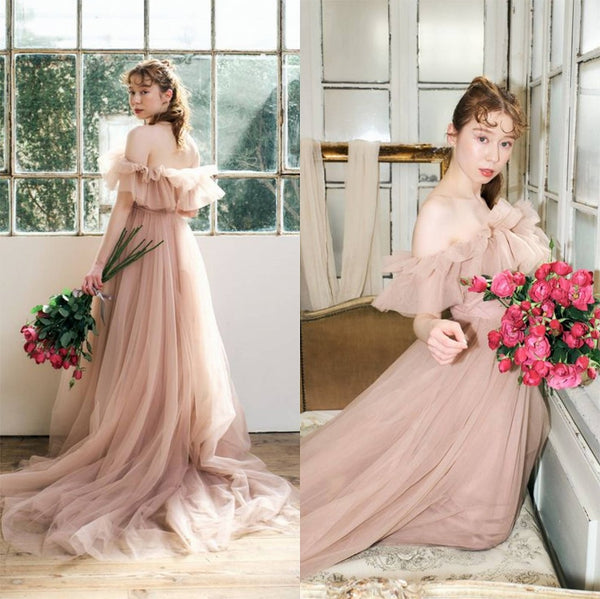 フリル オフショルダー チュールドレス ピンクブラウン（W337PB）