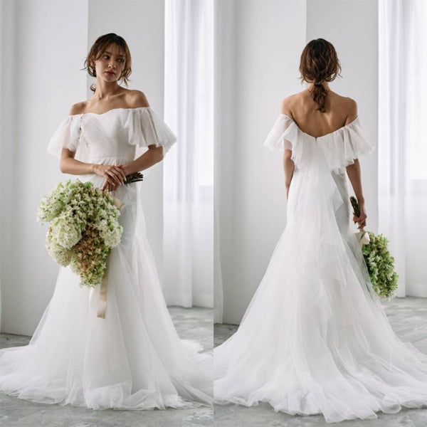 チュール バックフリル オフショルダードレス ホワイト（W325WH）