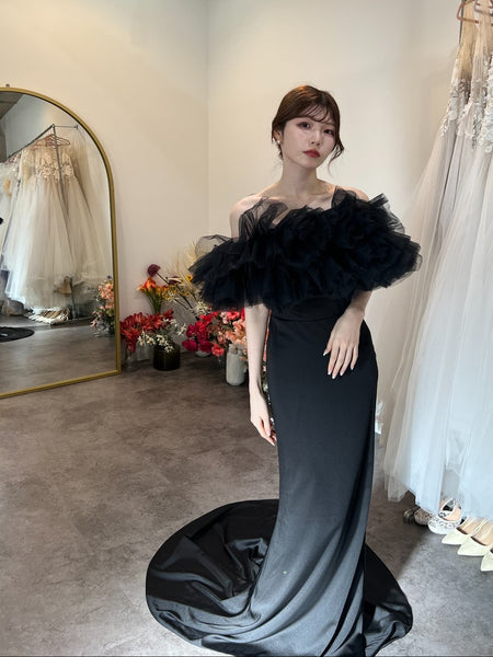 チュール オフショルダー ソフトマーメイドドレス（W372BK）