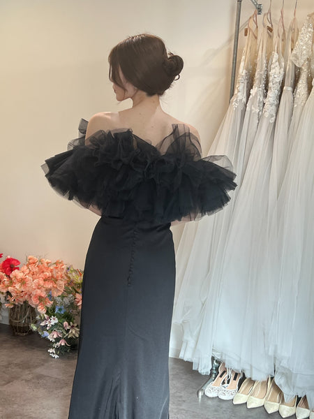 チュール オフショルダー ソフトマーメイドドレス（W372BK）