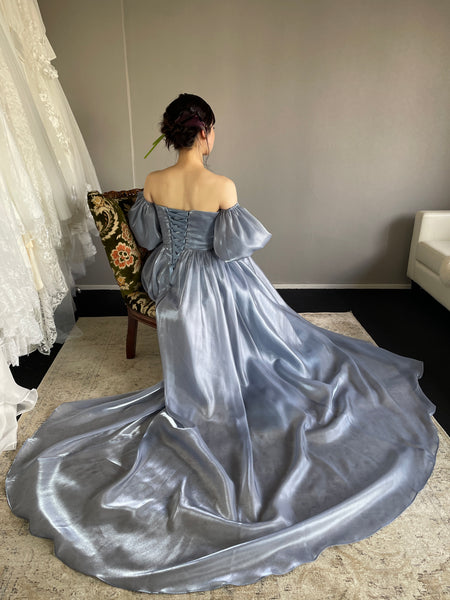 オフショルダー パフスリーブドレス ブルーグレー （W306BG）