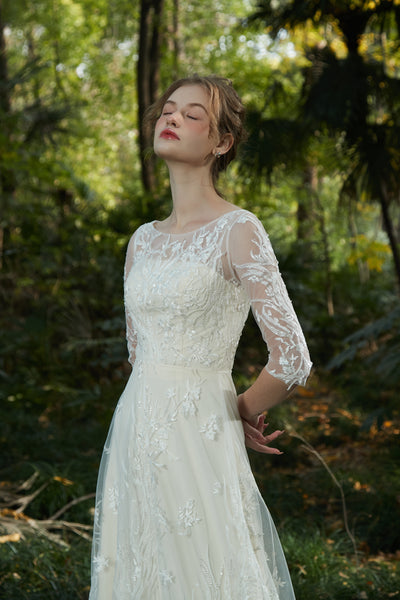 刺繍レース 七分袖 Aラインドレス（W213）