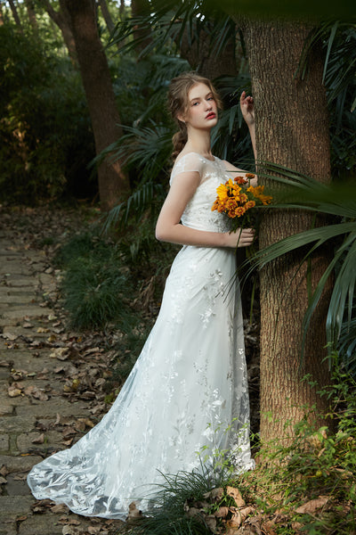 刺繍レース フレンチスリーブ スレンダードレス（W214）