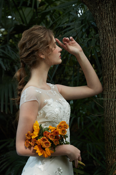 刺繍レース フレンチスリーブ スレンダードレス（W214）