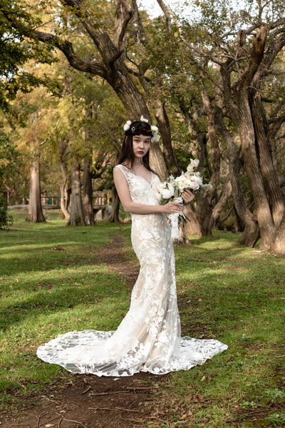 刺繍レース バックV マーメイドドレス（W176）