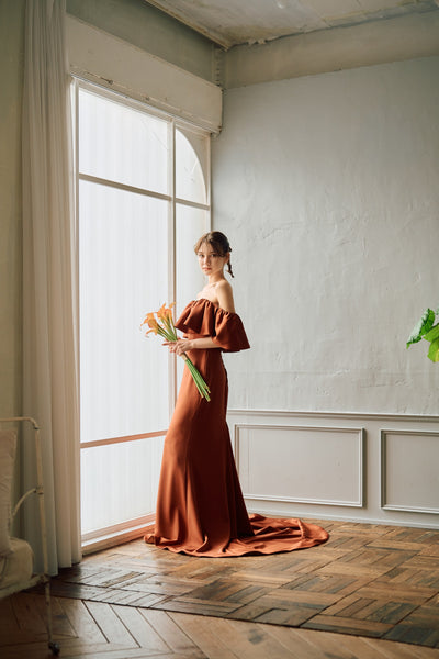 オフショルダー フリル ソフトマーメイドドレス テラコッタ（W300TE）