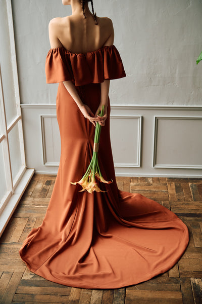オフショルダー フリル ソフトマーメイドドレス テラコッタ（W300TE）