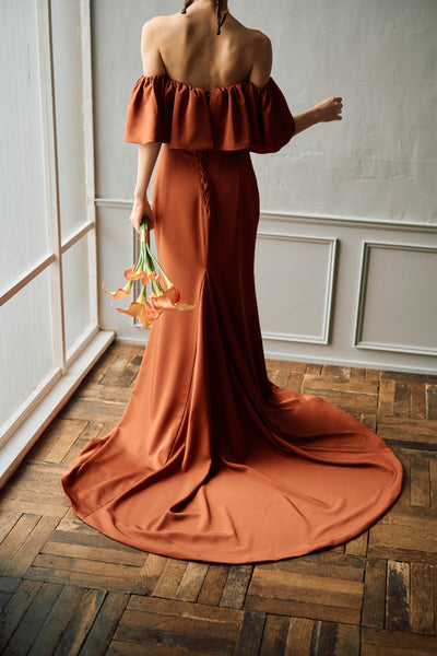 オフショルダー フリル ソフトマーメイドドレス テラコッタ（W300TE）