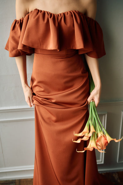 オフショルダー フリル ソフトマーメイドドレス テラコッタ（W300TE）