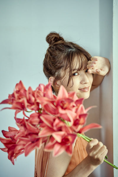 リボンショルダー Vネック テラコッタ チュールドレス（W271TE）