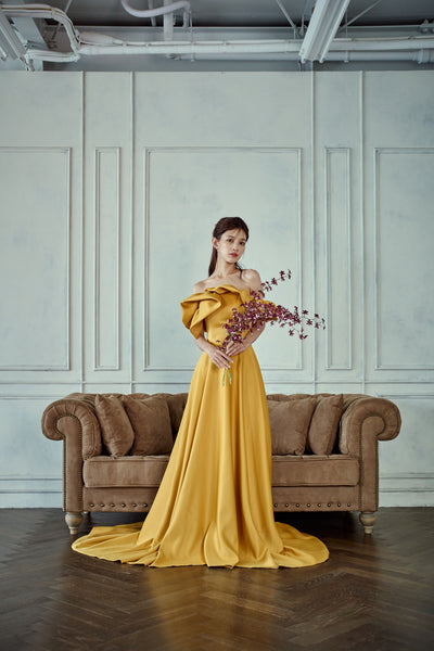 オフショルダー Aラインドレス マスタード（W274MU）