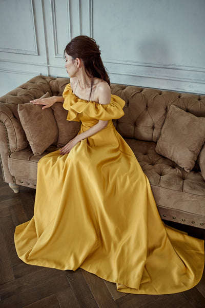 オフショルダー Aラインドレス マスタード（W274MU）