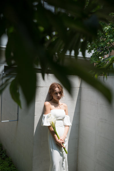 オフショルダー ボリューム袖 サテン ソフトマーメイドドレス（W225）