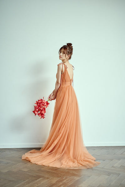 リボンショルダー Vネック テラコッタ チュールドレス（W271TE）