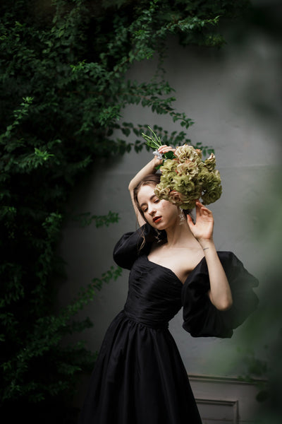 オーガンジーサテン パフスリーブドレス ブラック（W260BK）