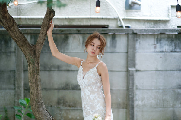 刺繍レース 背中開き ソフトマーメイドドレス（W230）