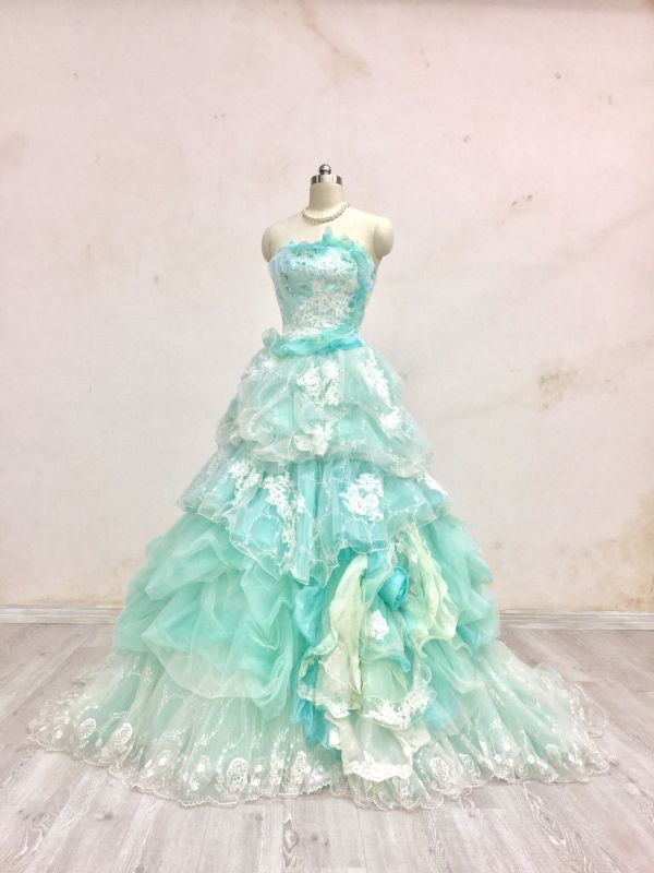カラードレス ミントグリーン×水色 - ウェディングドレスセール1万円