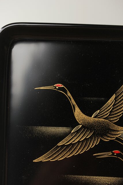 輪島塗 前志芸男 沈金双鶴之図 盆 Q329｜骨董店 のびる 古美術 骨董