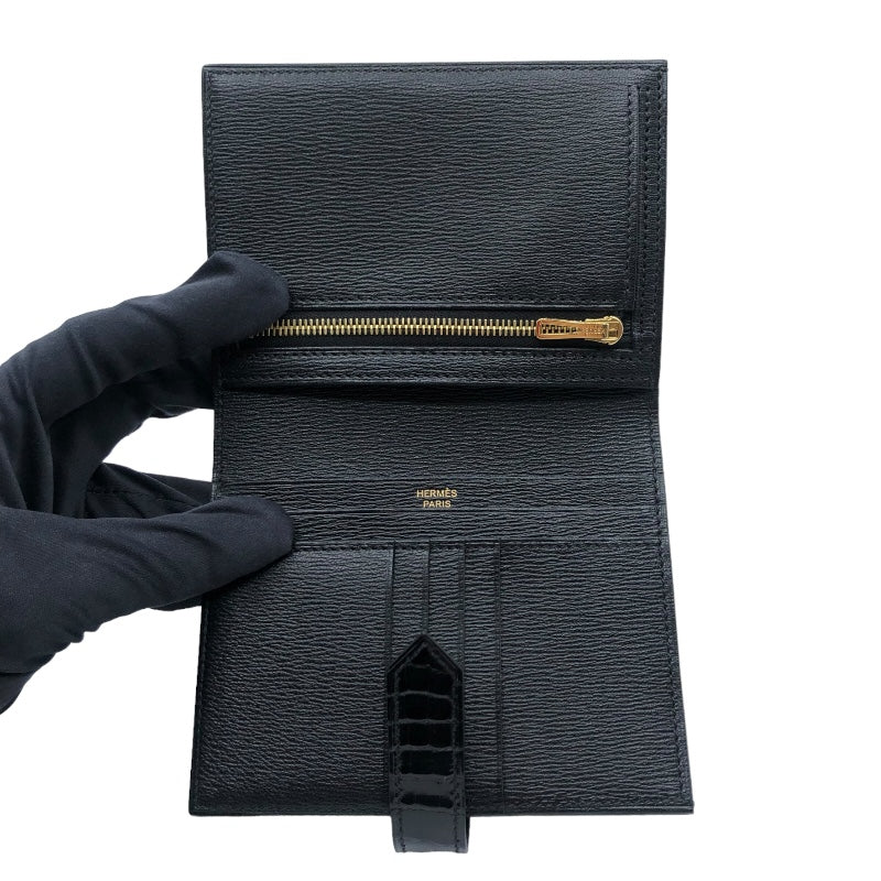 エルメス HERMES べアンコンパクト D刻 ブラック GD金具 アリゲーター