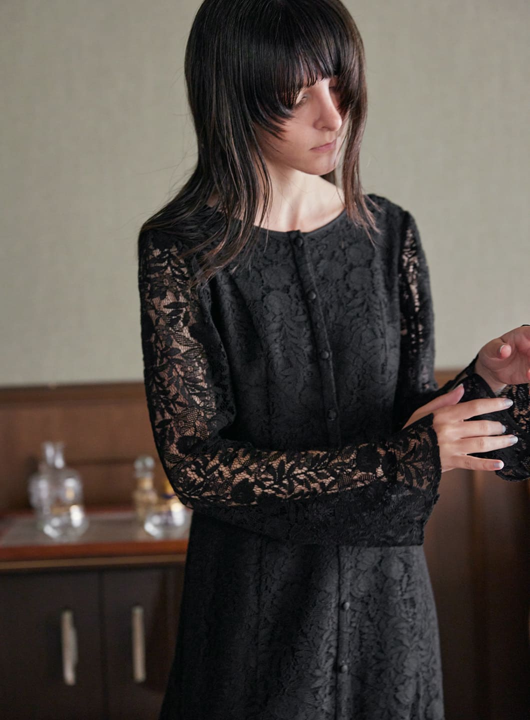 COEL Online Storeバックオープンレースワンピース(36 ブラック): DRESSES