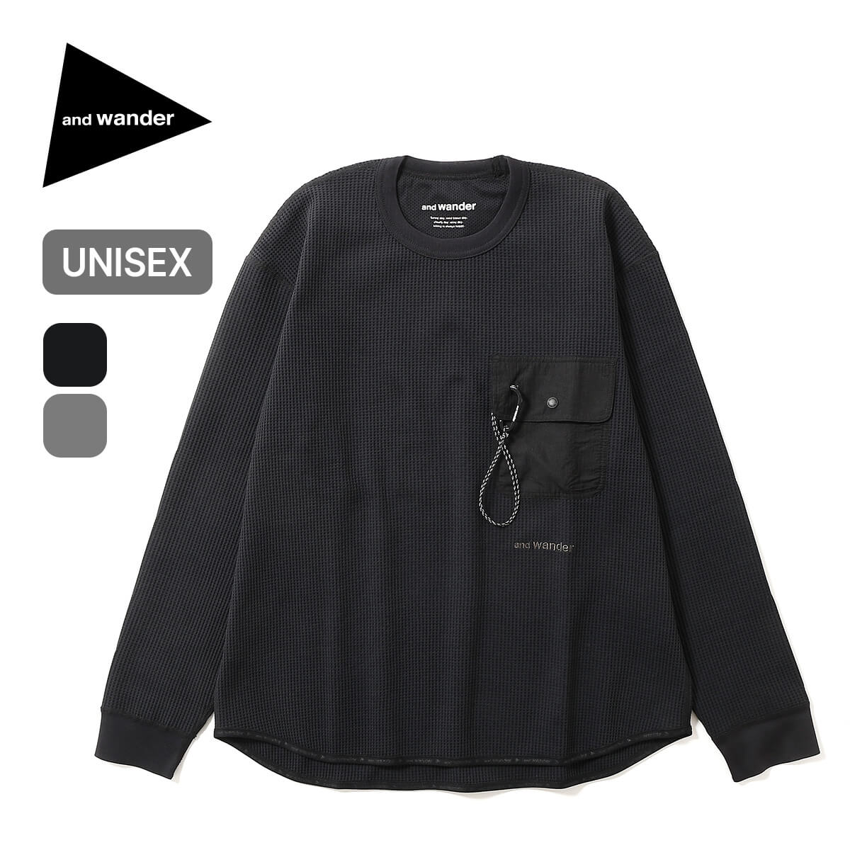 and wander アンドワンダー PEワッフルロングスリーブT(WM ブラック