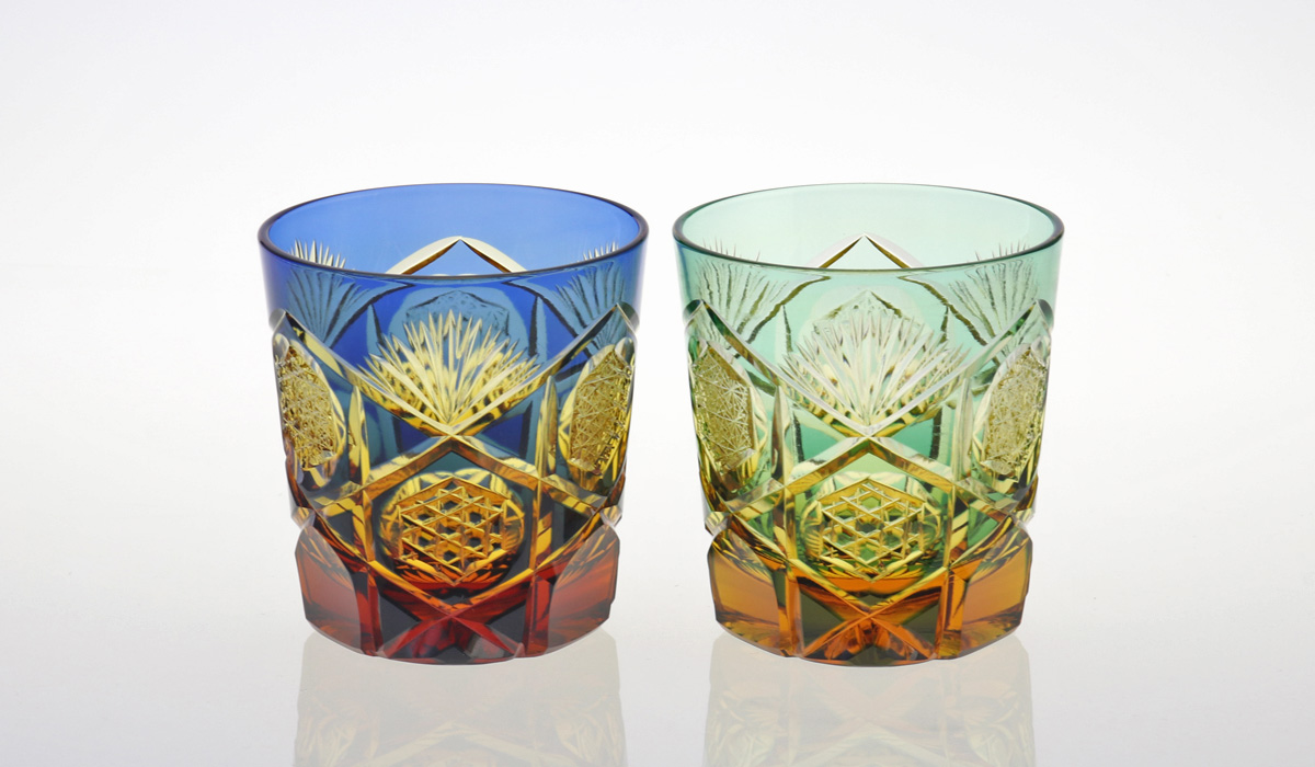江戸切子 RA05アンバーロックグラス・六芒星と六角籠目1個 | 江戸切子.jp