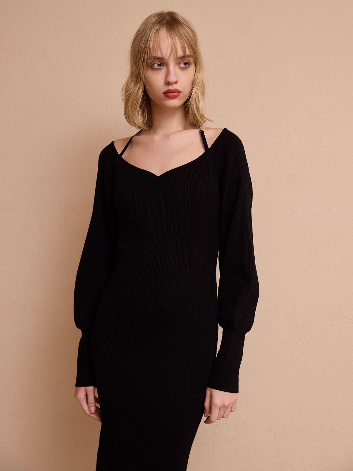 美品】Sandroサンドロ/リブニットロングワンピース黒34 Sandro