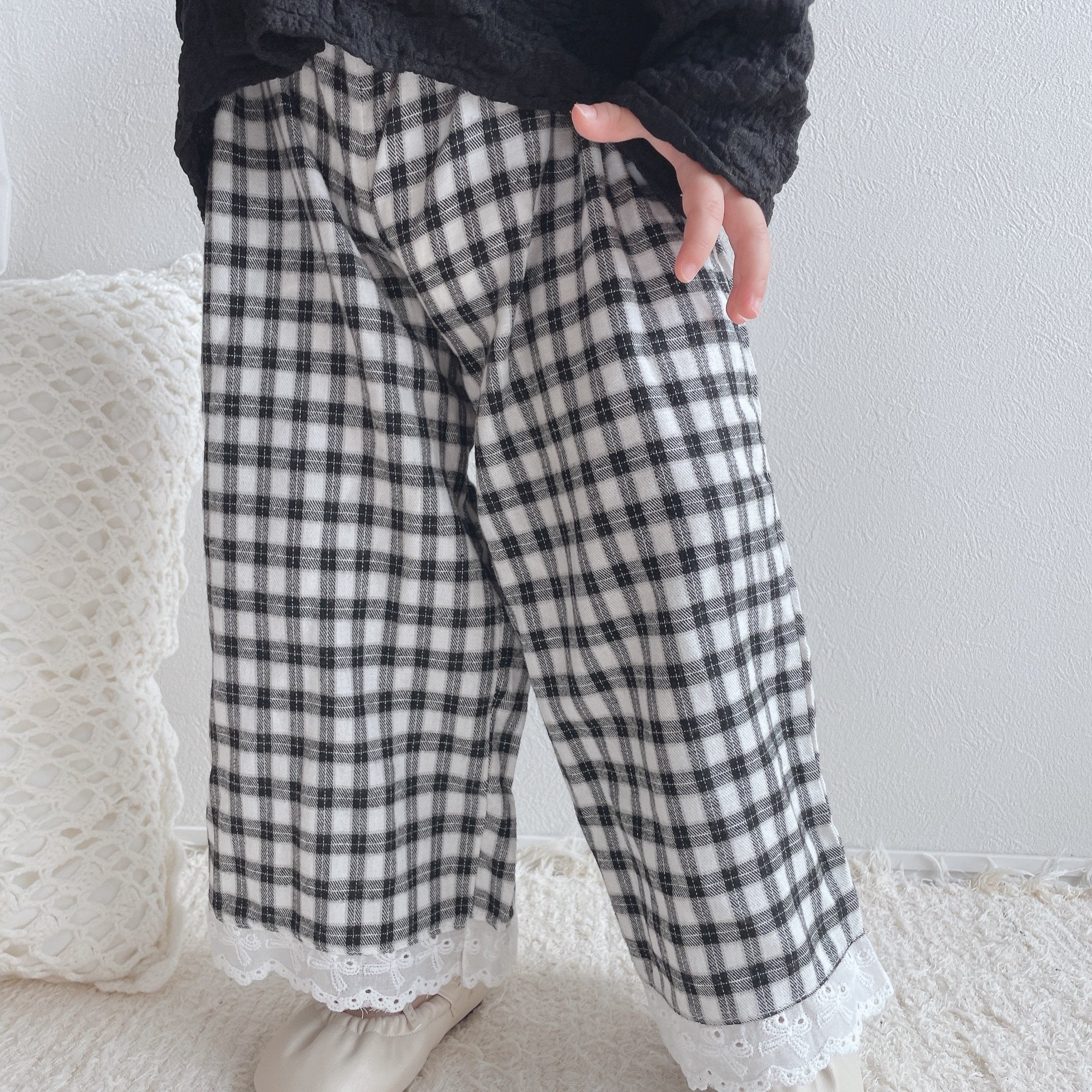 80-130】レースヘムギンガムチェックパンツ｜ELMO-こども服エルモ