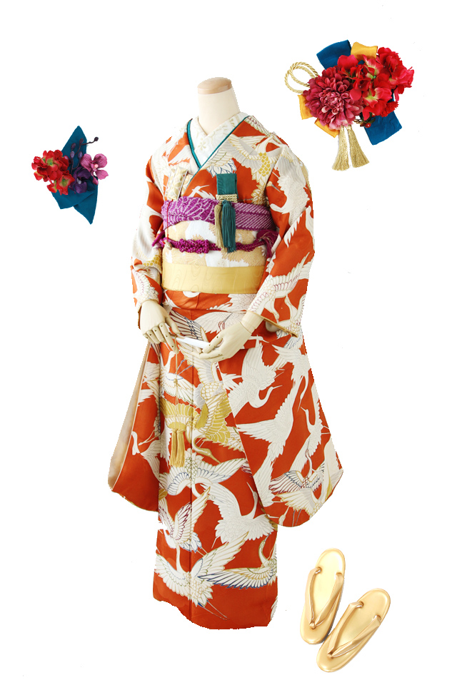 No.HF05 レンガ色鶴・アンティークキモノ / 縁 -enishi-