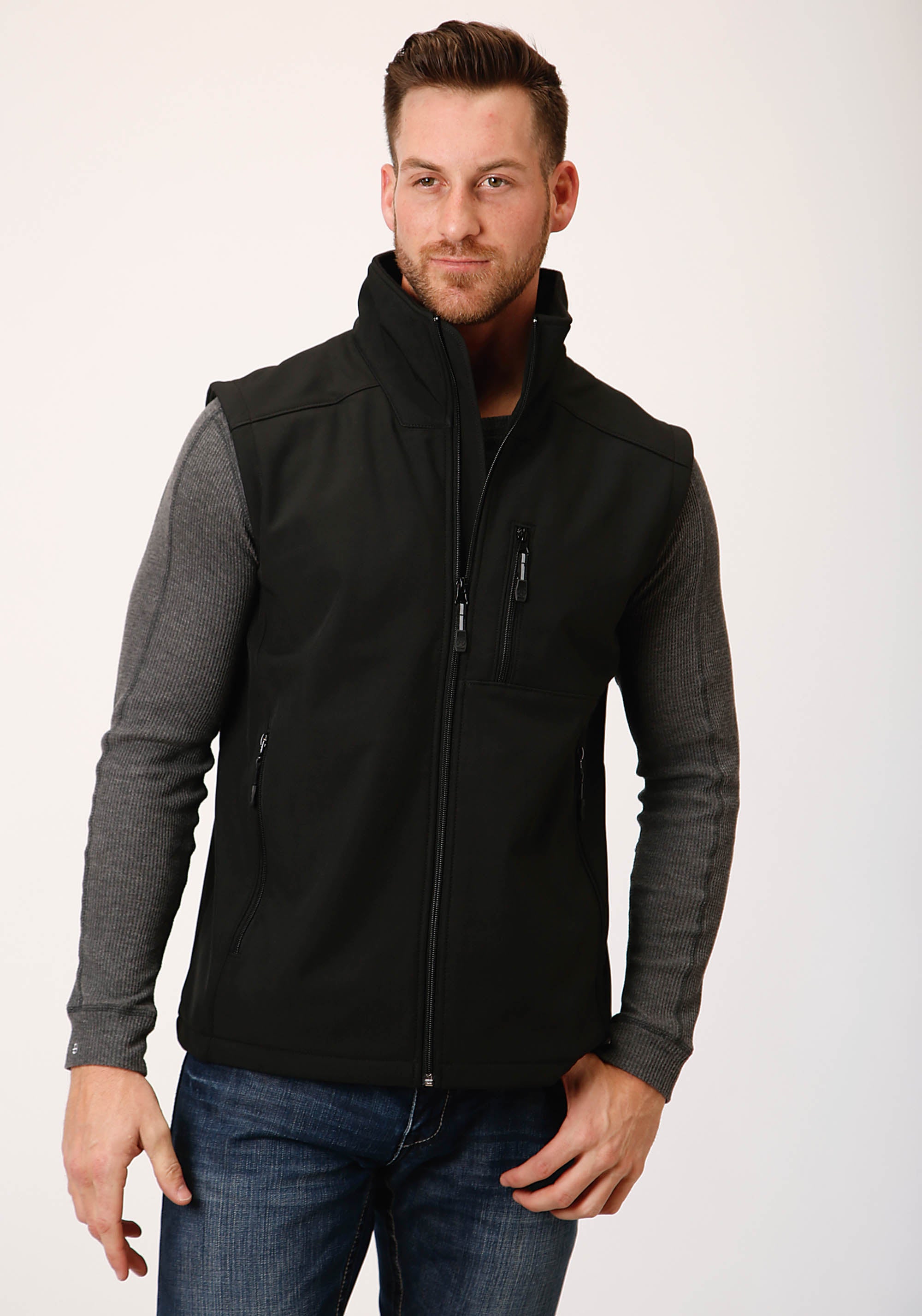 Mens Black Softshell With Black Lining Zip Front Vest – Roper