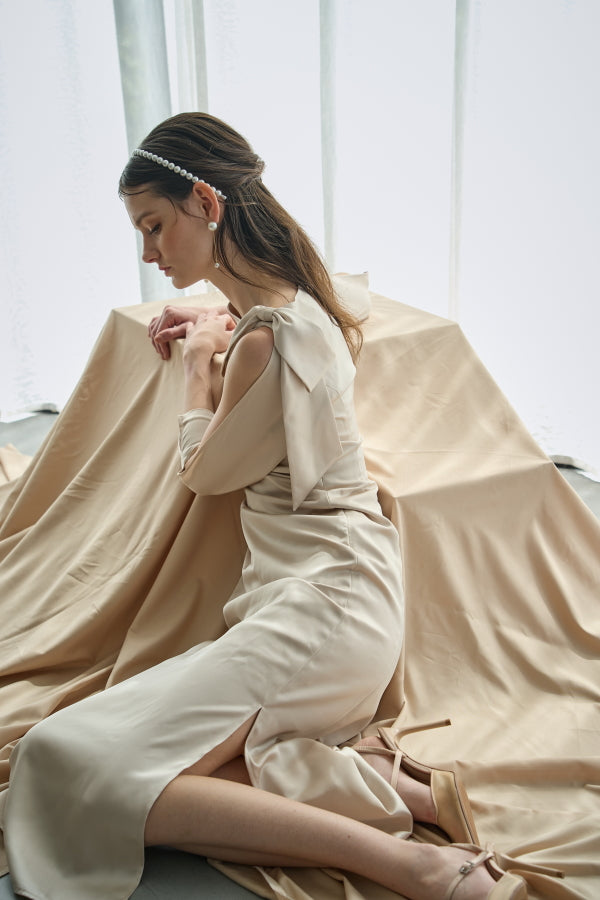 Shoulder Ribbon Satin Drape one piece -Champagne.BEG- – ERADIE