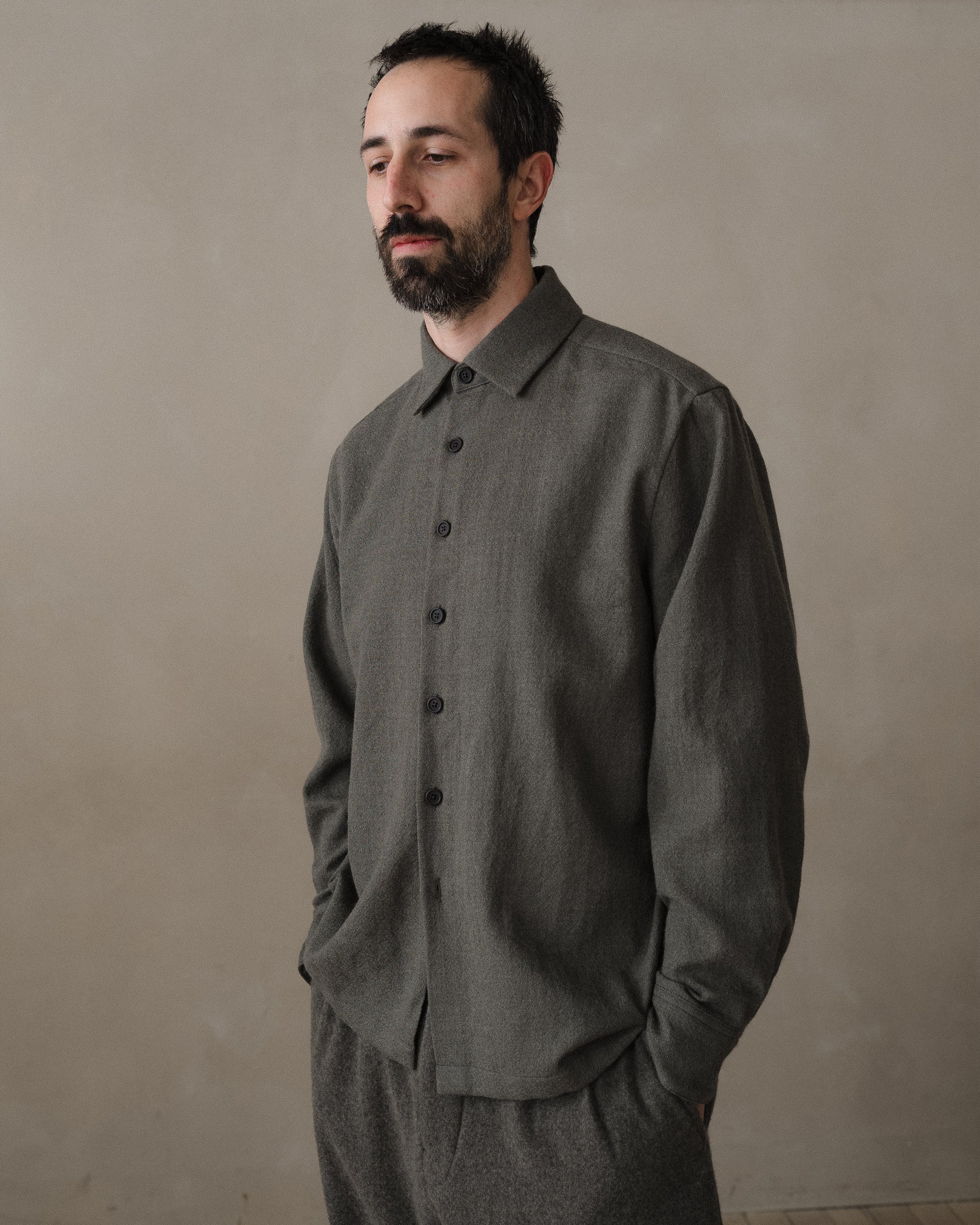 Flat Hem Shirt - Worsted Wool Gauze, Heather Grey – evan kinori
