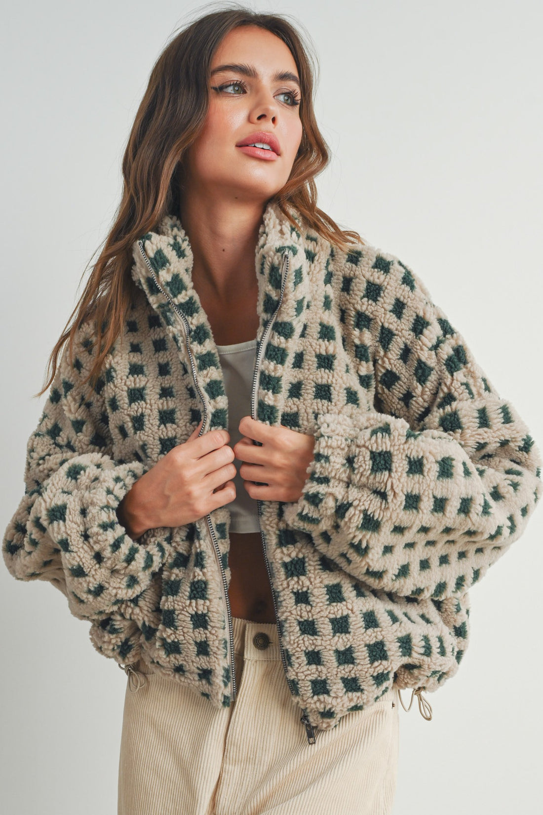 Ivy Checkered Fuzzy Sherpa Jacket for Women – Cozy & Stylish