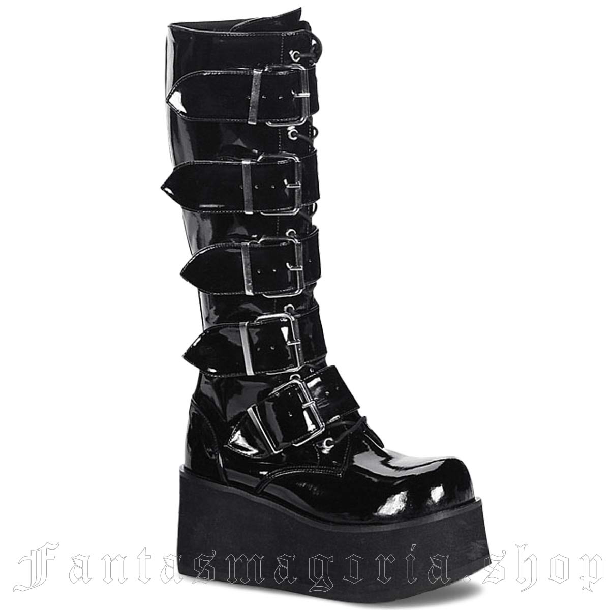 TRASHVILLE-518 Black Patent Buckled Platform Boots - Demonia Cult