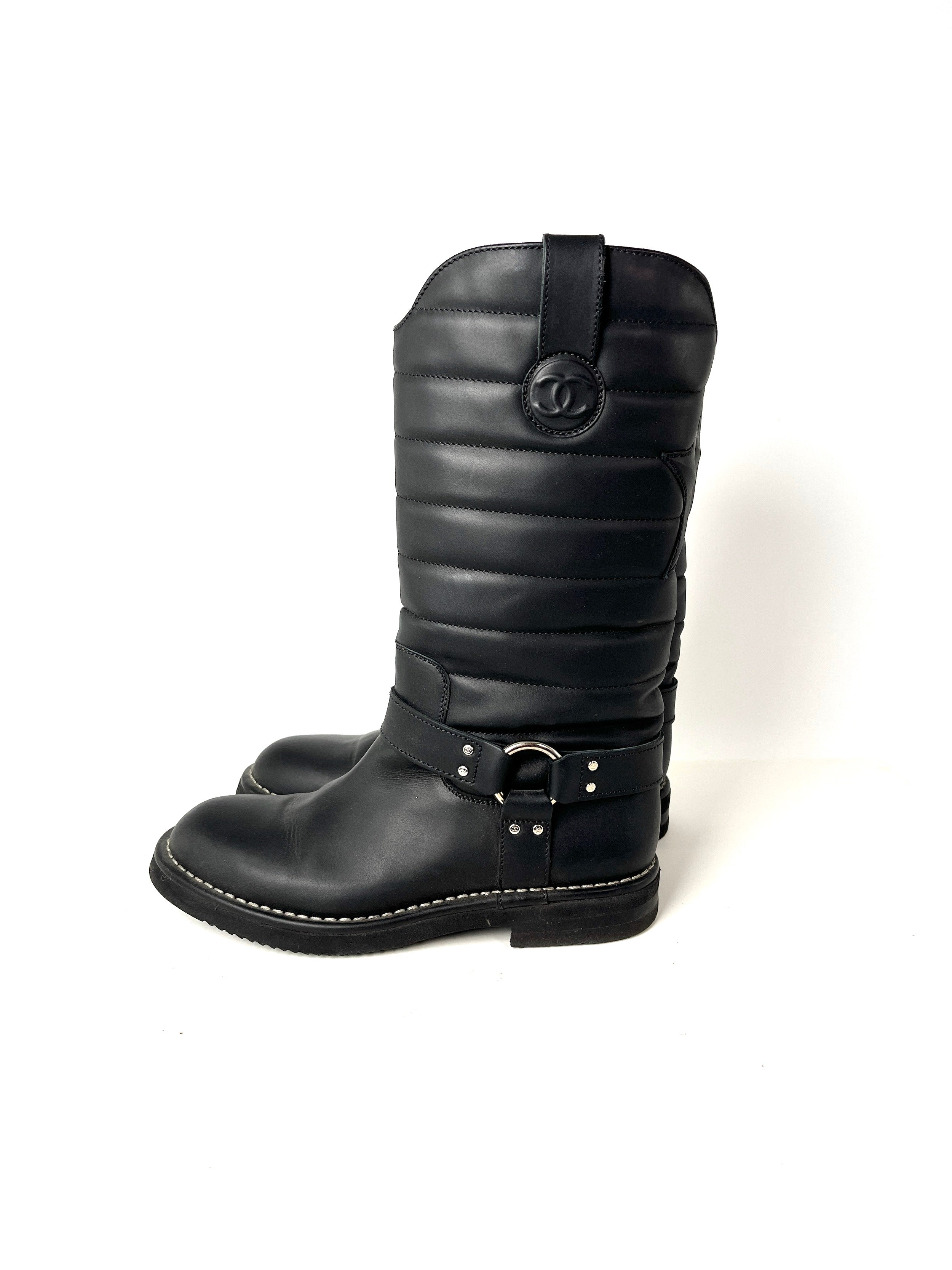 CHANEL Paris-Dallas CC Star Black Leather Moto Mid Calf Boots 38.5